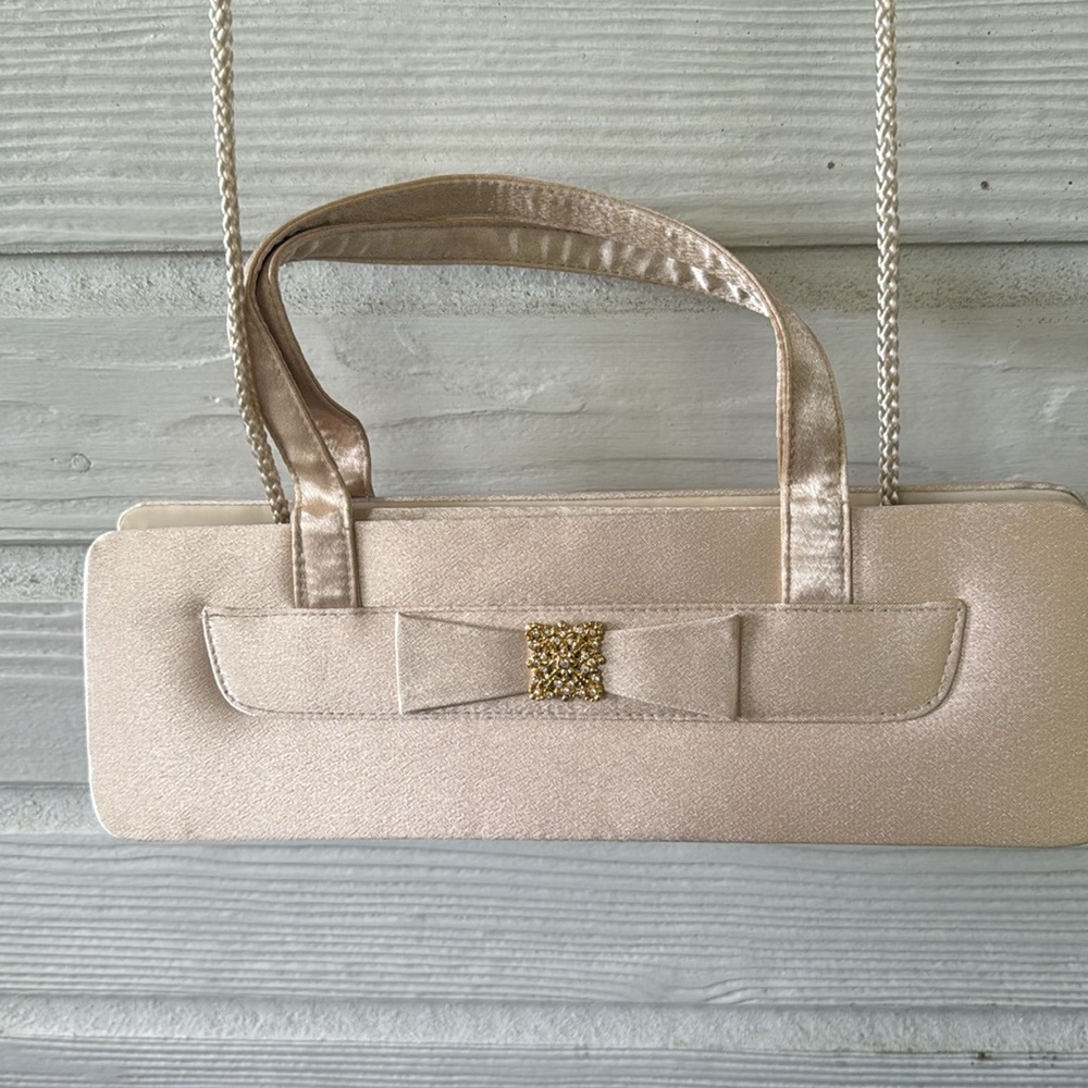 Jessica McClintock Champagne Metallic Gold  Bow Satin Evening Clutch Vintage